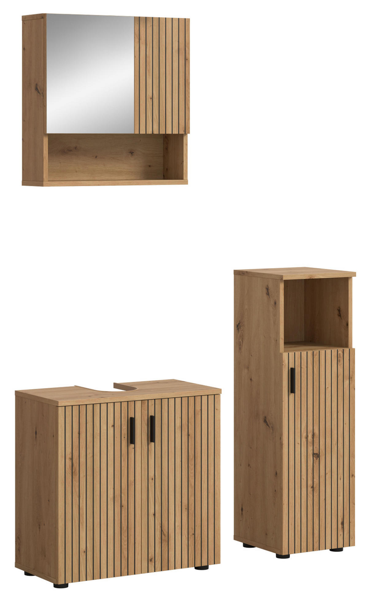 BADMÖBEL-SET Eiche Artisan 3-teilig 105 cm, Badkombination mit Rillen - Schwarz/Eiche Artisan, Glas/Holzwerkstoff (105/180/30cm) - Inn.Furn