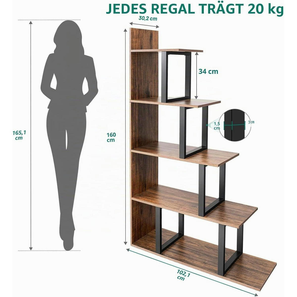 BÜCHERREGAL L-Form Braun Schwarz 102 x 30 x 160 cm - Braun, Holzwerkstoff (102/160/30cm)