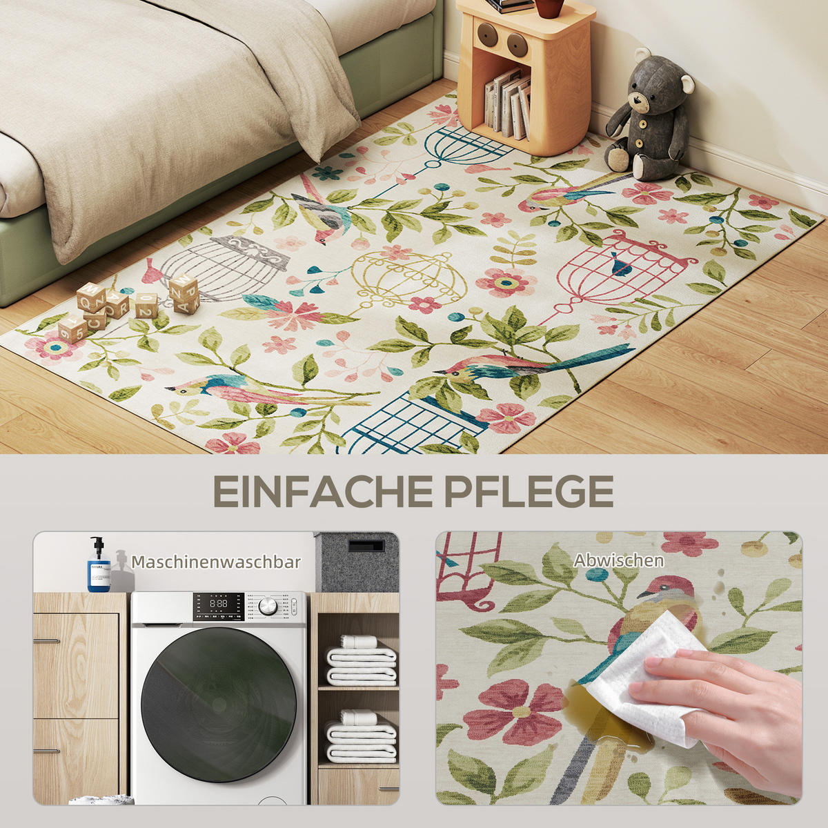 TEPPICH maschinenwaschbarer Wohnzimmerteppich, 200 x 140 cm, Cremeweiß+Rosa - Multicolor, Kunststoff/Textil (140/200cm) - HOMCOM