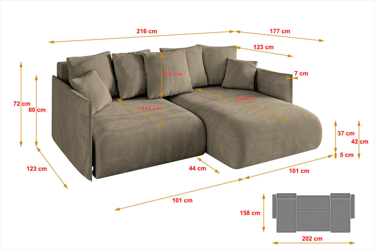 ECKSOFA Ottomane rechts ONESK-L 216x177x72 Braun Velours - Braun, Holzwerkstoff/Kunststoff (177/216cm) - ALTDECOR