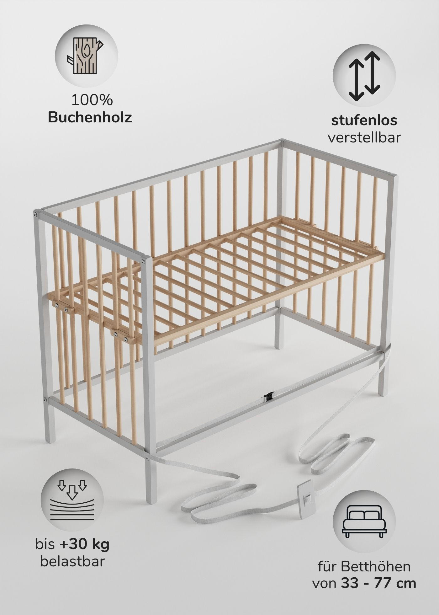 BEISTELLBETT mit Umbauseite - weiß/natur - Dreamy 4 in 1 Bett - Weiß/Naturfarben, Holz (120/90/60cm) - Sämann – make a difference.