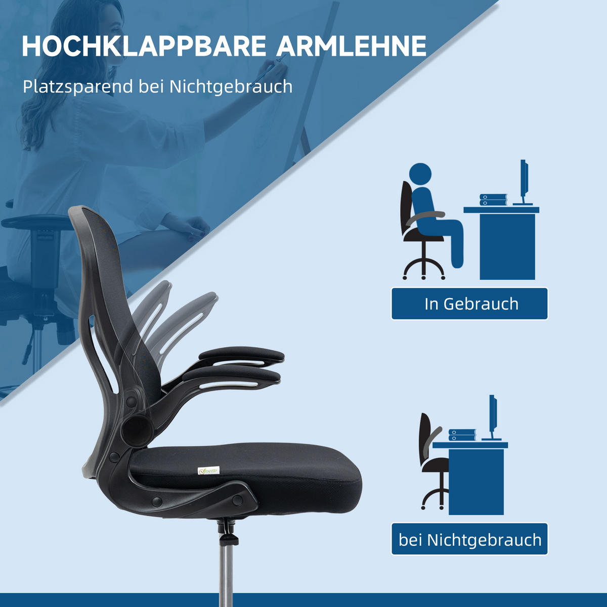 ZEICHENSTUHL, Ergonomischer Bürostuhl, Drehstuhl, Arbeitsstuhl, Höhenverstellbar - Schwarz, Textil (65/122/59cm) - Vinsetto