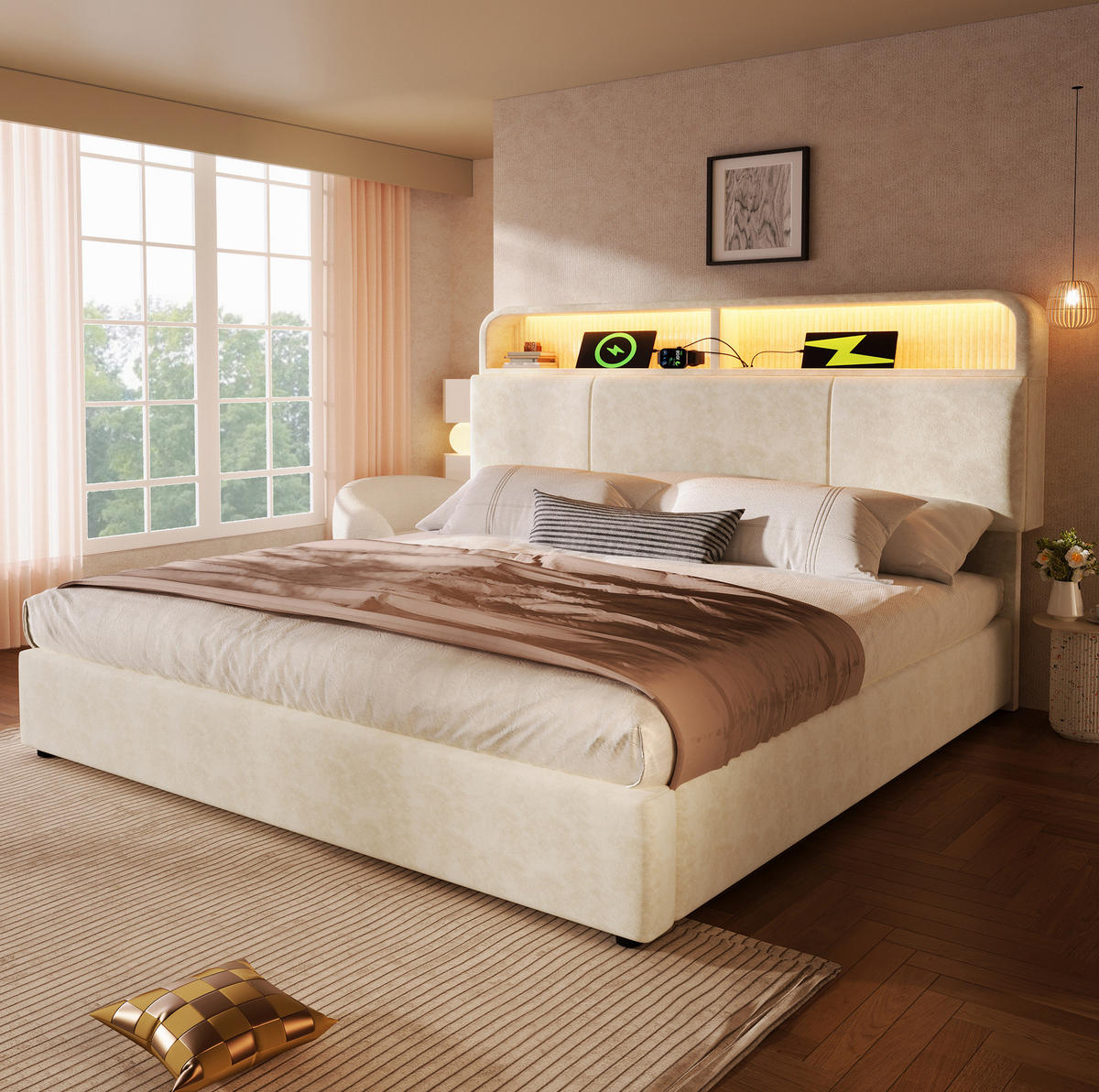 BETT mit Stauraum 140x200 cm Samt Beige inkl. Matratze - Beige, Metall (140/200cm) - Meubliv