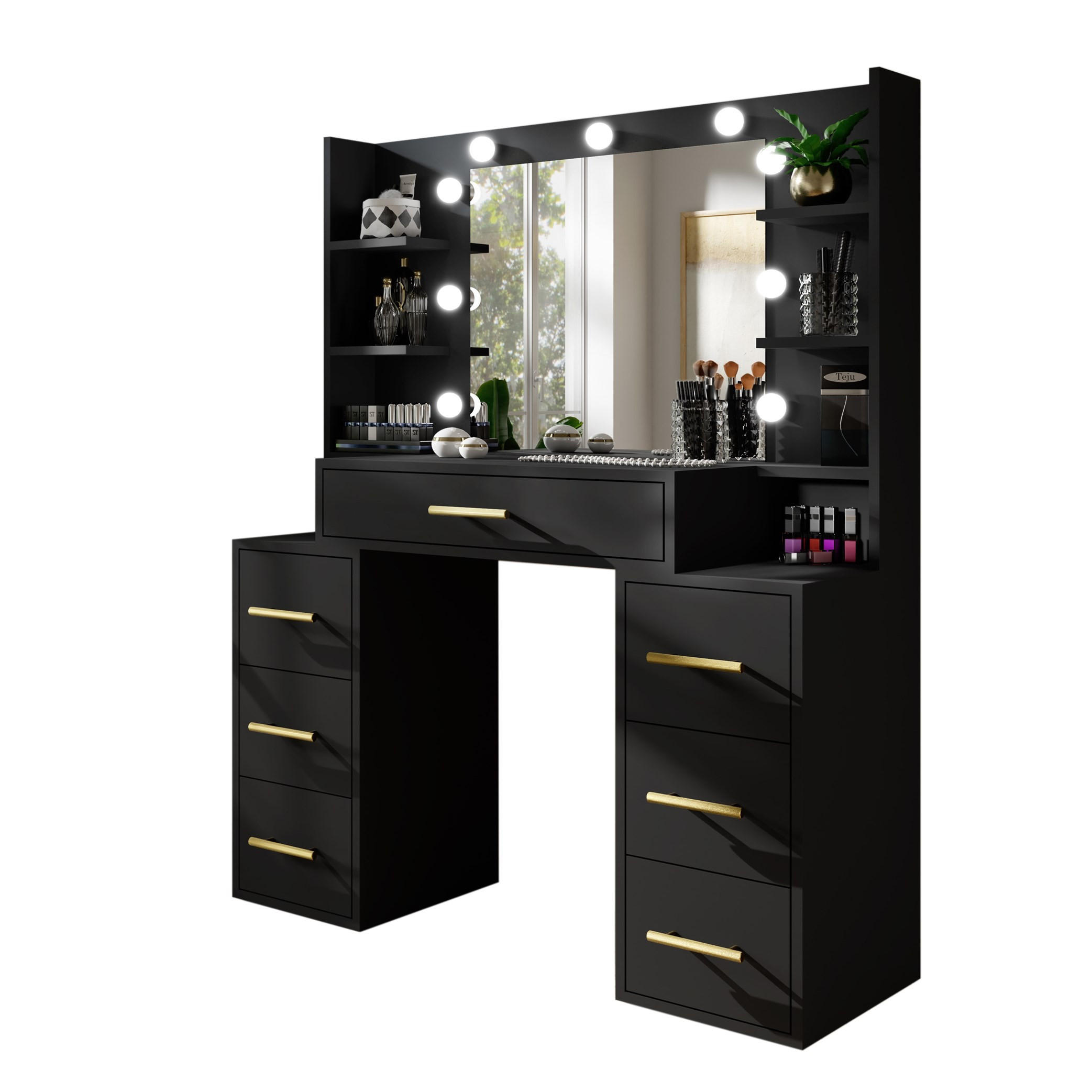 SCHMINKTISCH Star Schwarz, mit Spiegel und Beleuchtung - Schwarz, Glas/Holzwerkstoff (110/140/40cm) - Bettso