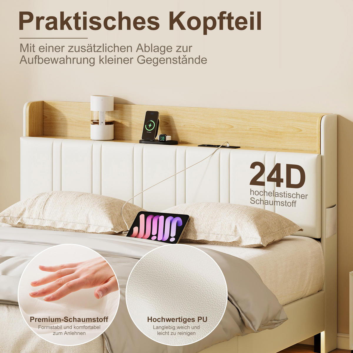POLSTERBETT 140/200 cm Weiß mit LED-Beleuchtung, Kopfteil mit Ablage, Steckdose und USB-C/USB-Anschluss - Weiß, Metall (140/200cm) - EuroLiving