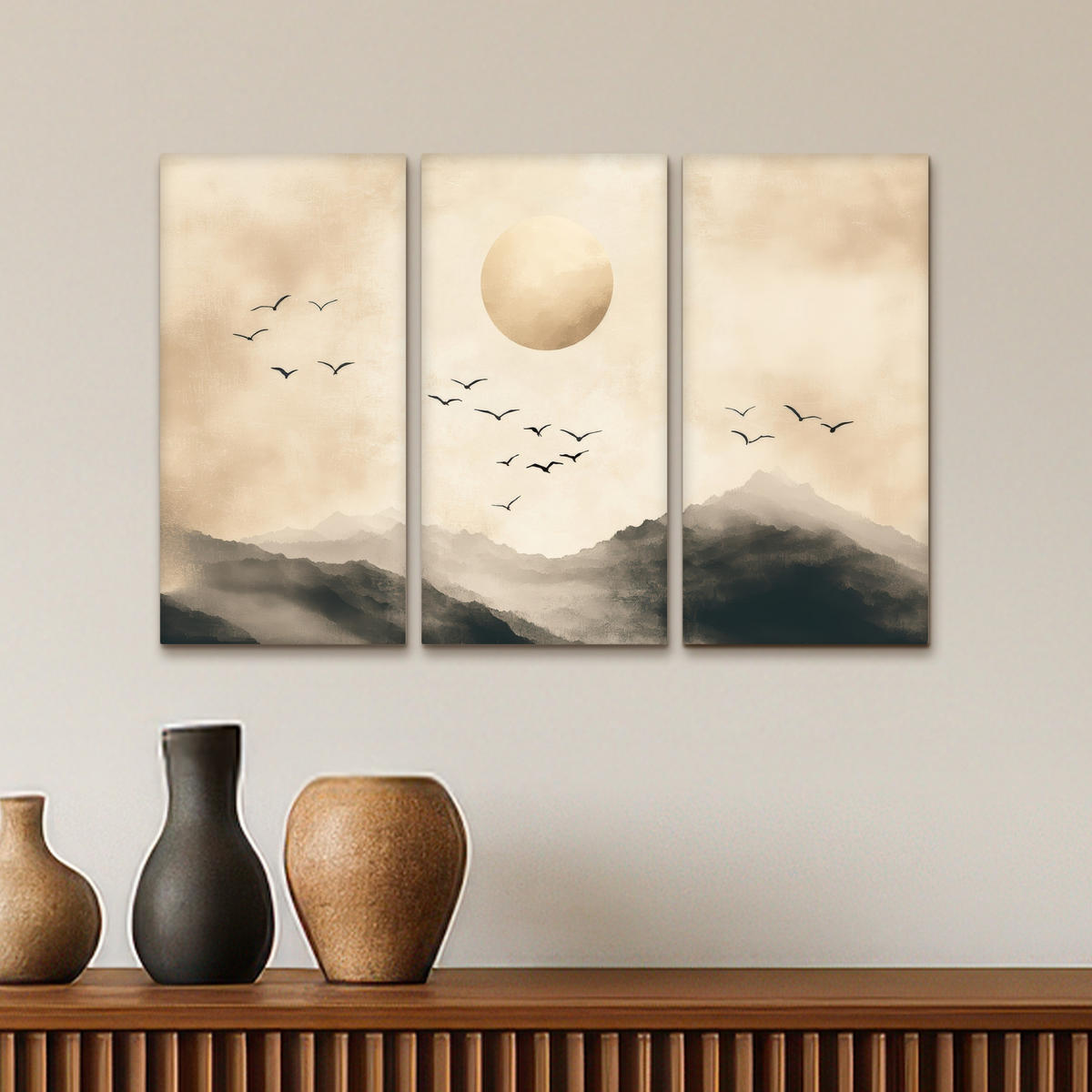 LEINWANDBILD 3er Set Landschaft - Japandi - Beige - Vögel 60x40 cm - Beige, Textil (60/40cm) - MuchoWow