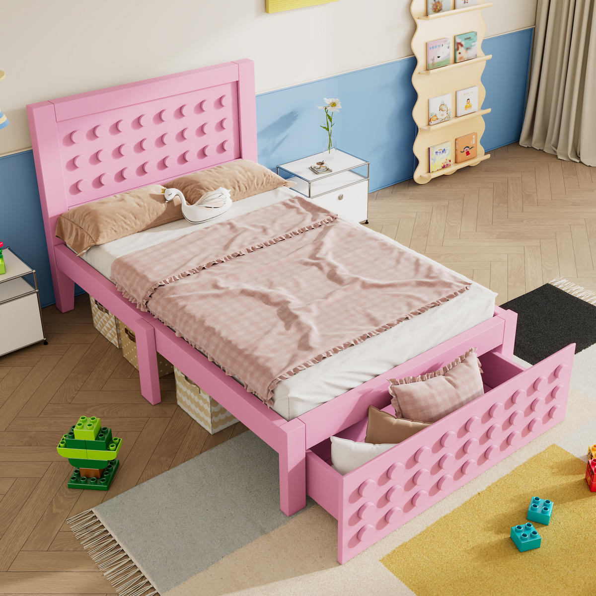 KINDERBETT 90/190 cm Rosa mit kreativem Blockdesign und Stauraum - Pink, Holzwerkstoff (90/190cm) - OKWISH