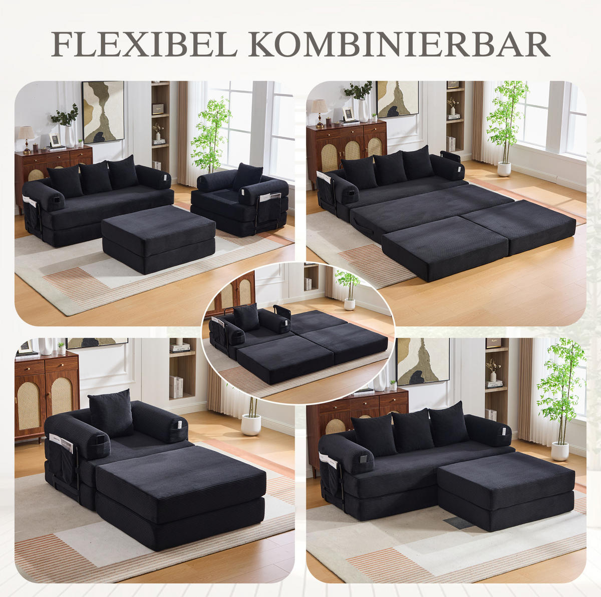 3-SITZER aus Cord 200x94x67 cm Schwarz mit Hocker, Metallgestell, Seitentasche und frei kombinierbaren Modulen - Schwarz, Textil (200/67/190cm) - Modfu