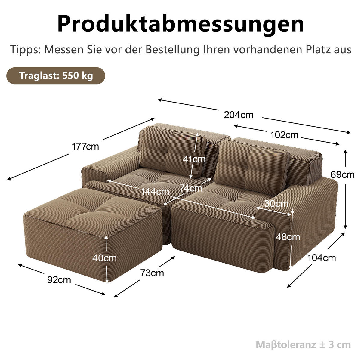 ECKSOFA DE-34113 2-Sitzer mit Ottoman Braun - Braun, Textil (177/204cm) - ComfortXL