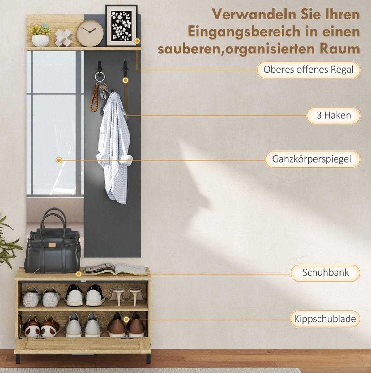 GARDEROBENSET 68/35/43 cm mit Spiegel, Schuhbank und 3 Haken, Naturholz/Grau - Naturfarben, Holzwerkstoff (60/127.5/13.5cm) - Redom