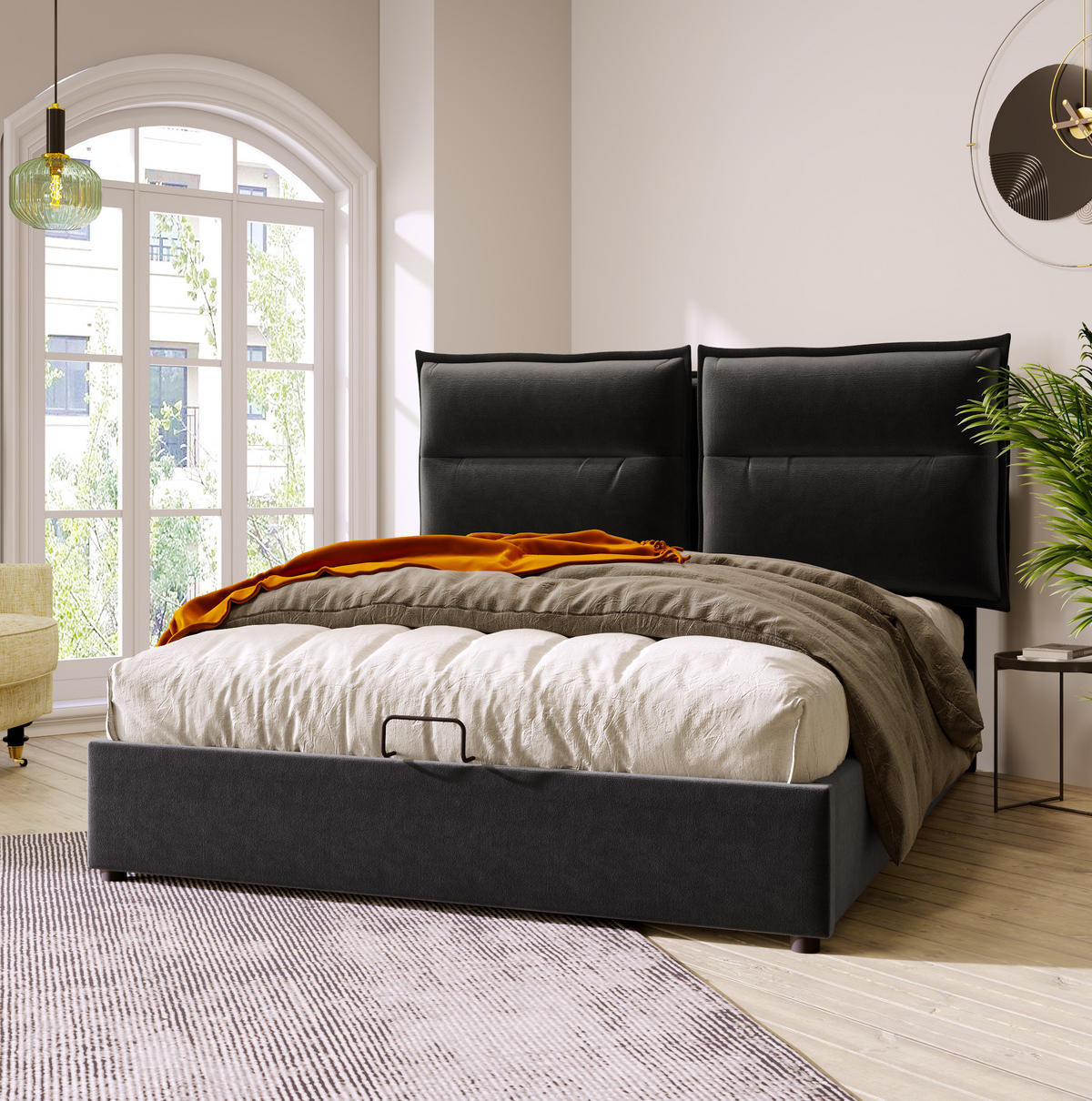 POLSTERBETT 140/200 cm Schwarz aus Samt mit Bettkasten - Schwarz, Textil (140/200cm) - OKMYHOME