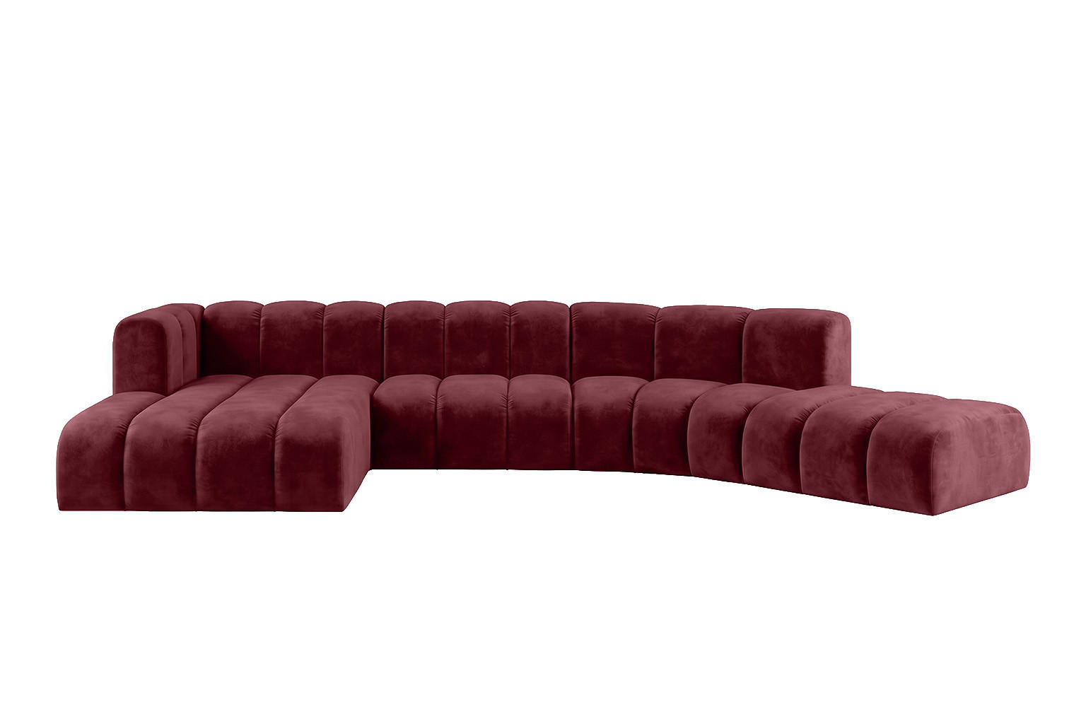 ECKSOFA Modulares In L-Form, Velvet-Stoff Riviera, Rotwein, Links, GRAND Round - Dunkelrot, Holz (445/179cm) - Kaiser Möbel