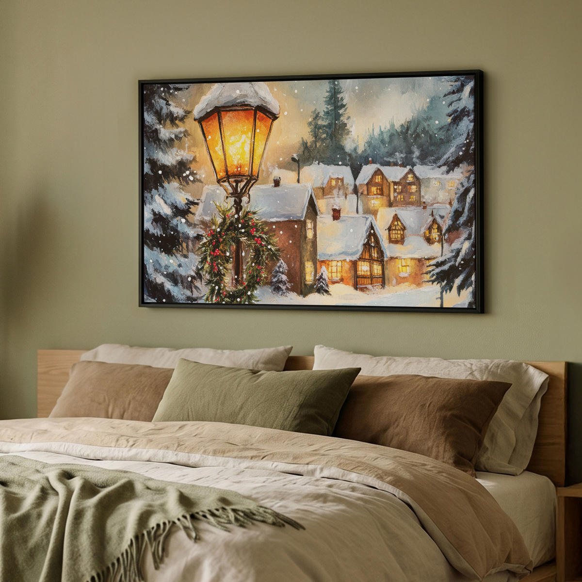 LEINWAND Bilder mit Rahmen - Weihnachtsdorf - Häuser - Schnee - Weihnachten - 90x60 - Sandfarben, Textil (90/60cm) - MuchoWow