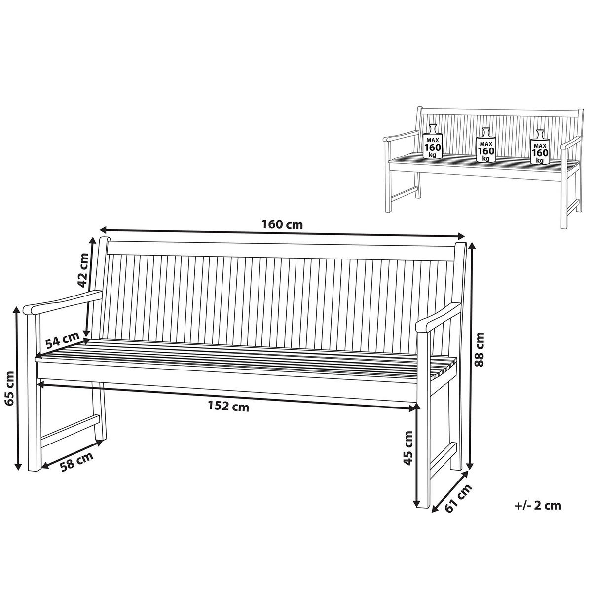 GARTENBANK zertifiziertes Holz hellbraun 160 cm Vivara - Hellbraun, Holz (160/88/61cm) - Beliani
