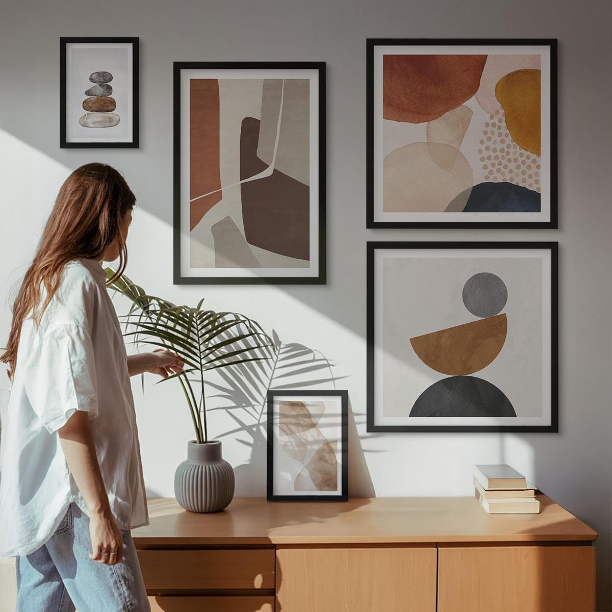 WANDBILDER 5er-Set - 50x50 cm & 20x30 cm & 40x60 cm Schwarzer Rahmen - Abstrakte Malerei Dekorationen - Schwarz, Kunststoff (40/60cm) - ArtPrintCave