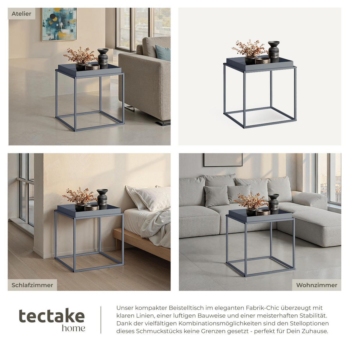 BEISTELLTISCH Cambridge,40 x 40 x 44 cm,dunkelgrau - Dunkelgrau, Metall (40/40/44cm) - tectake