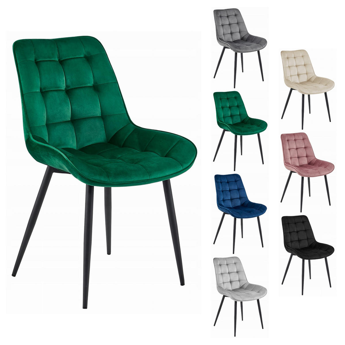 STUHL BARDI 1 Stück, Grün, Schwarz, mit Samtstoff gepolstert - Grün, Holz/Textil (45/82/54cm) - Komodee