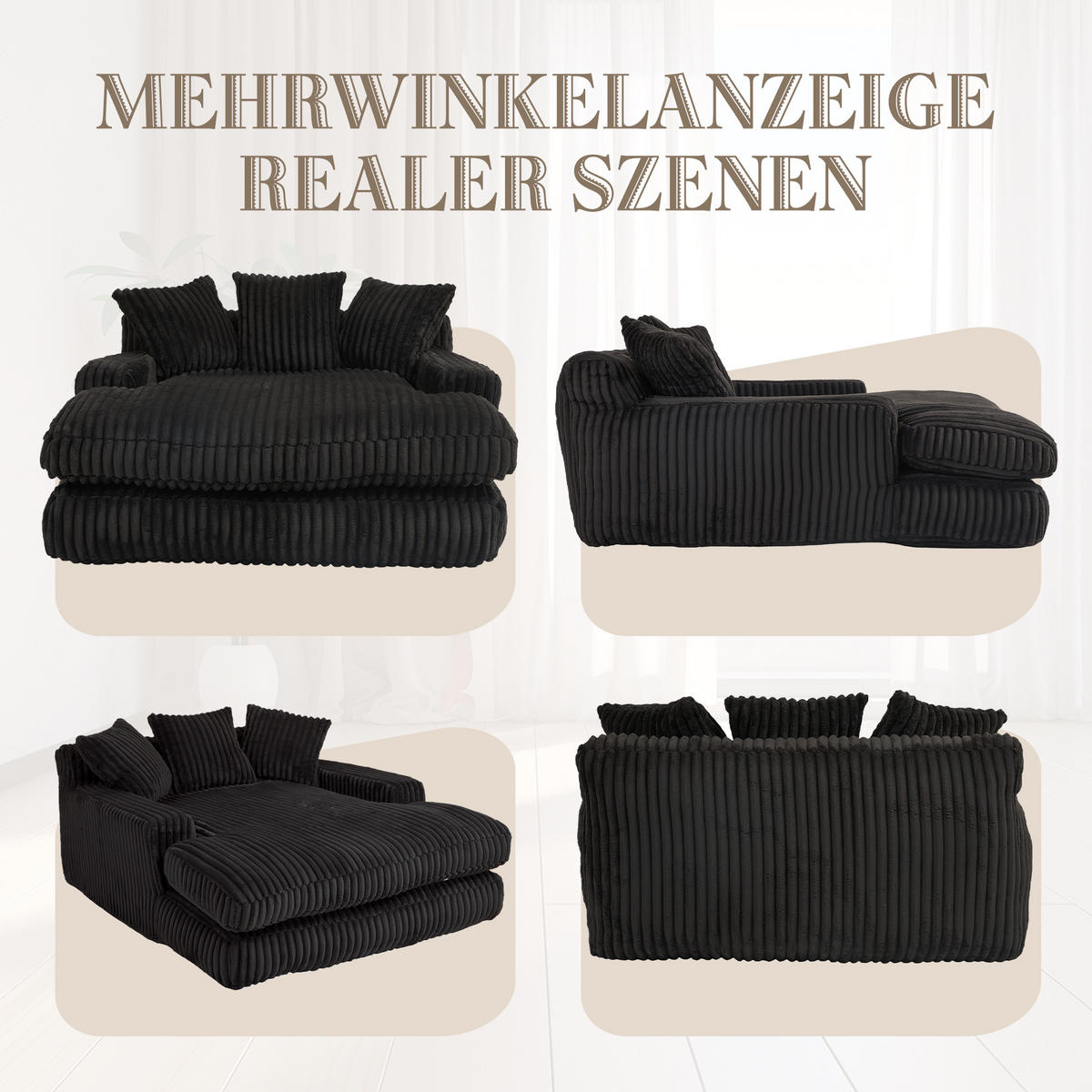 CHAISELONGUE Cord mit 3 Kissen bodennah und ohne Montage 125/155/63 cm Schwarz - Schwarz, Textil (63/125/155cm) - Redom