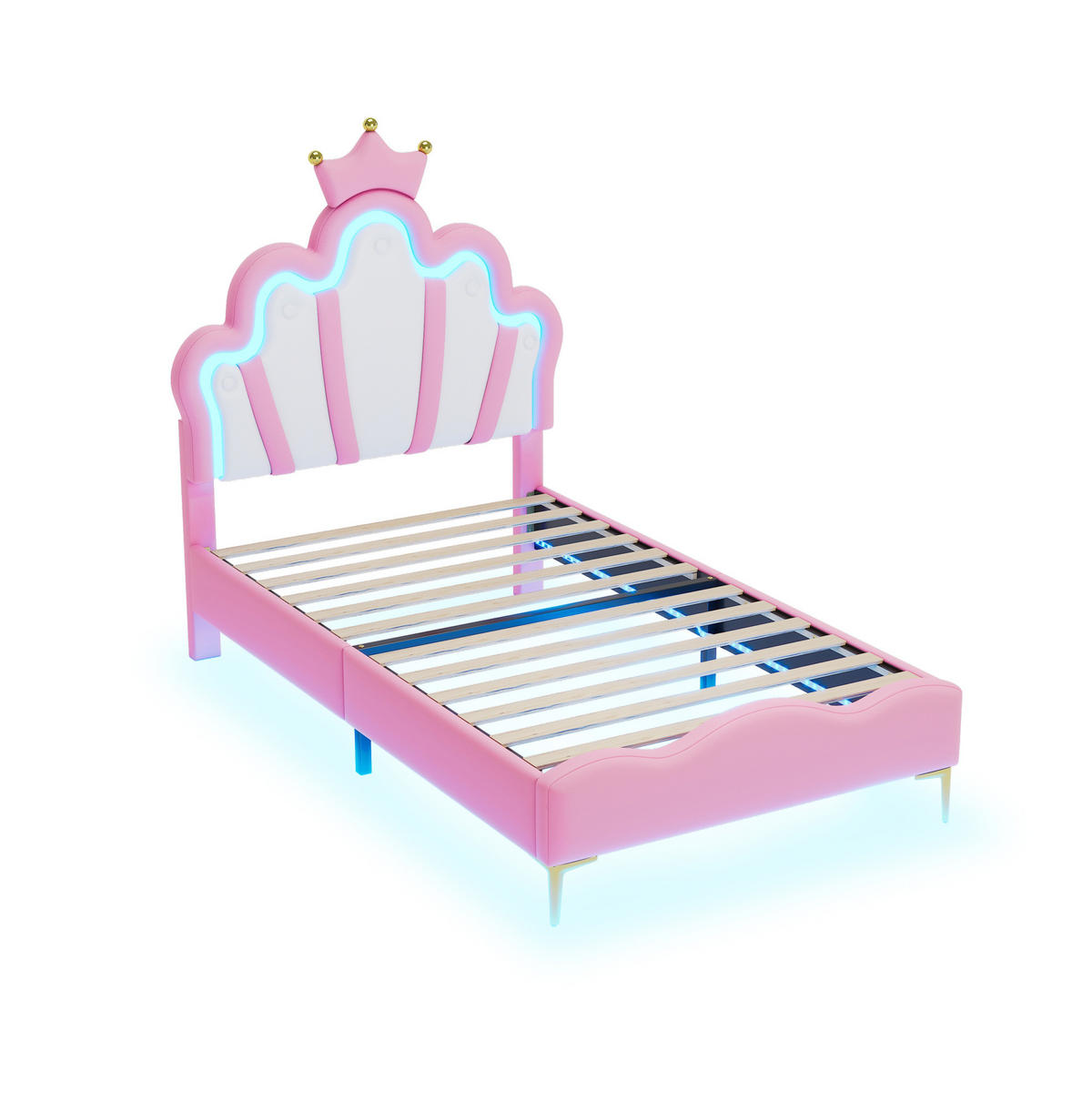KINDERBETT Polsterbett 90/200 cm aus PU-Kunstleder mit LED-Beleuchtung und Kronenkopfteil Rosa - Rosa, Kunststoff (90/200cm) - Modenvie