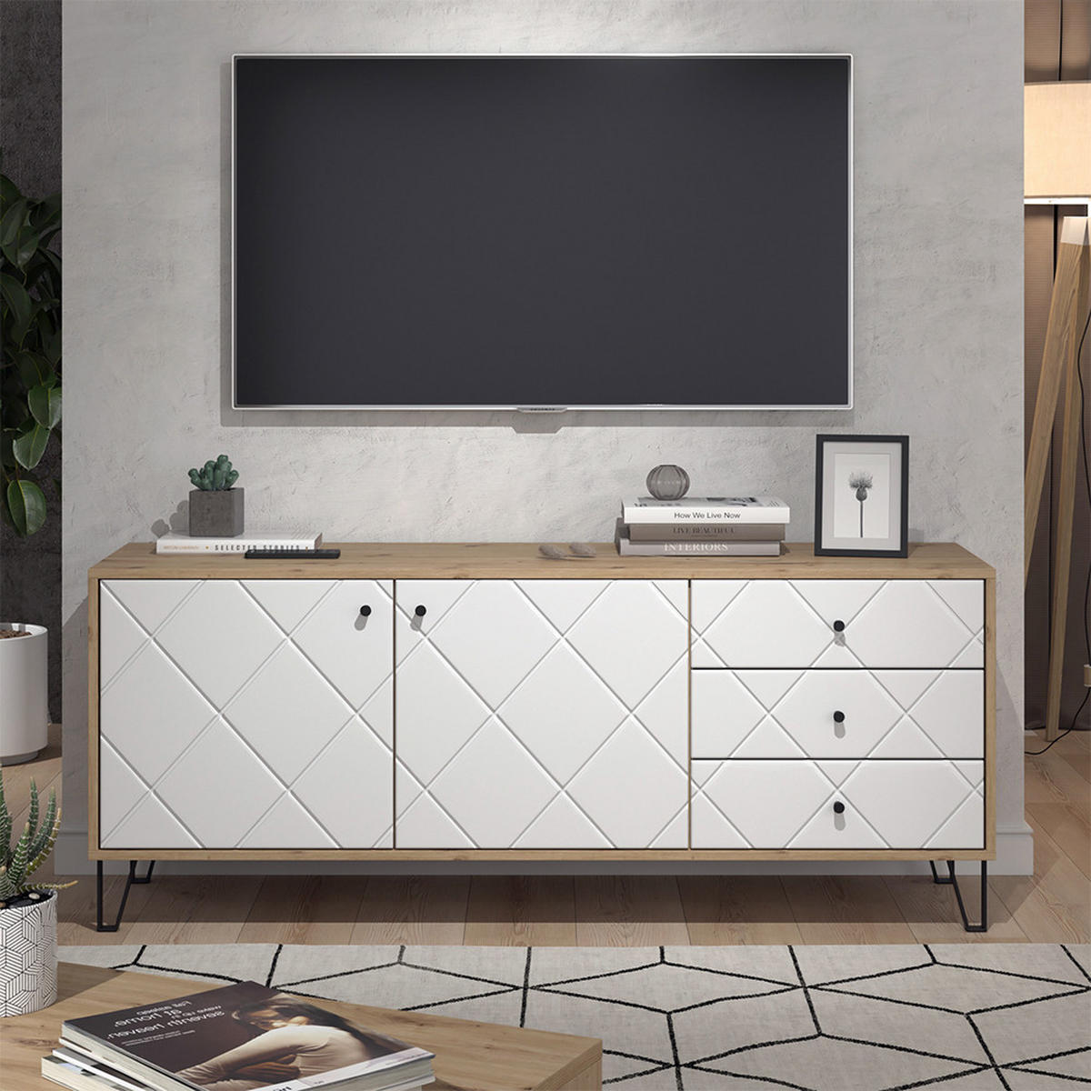 NÍZKÝ NÁBYTEK POD TELEVIZI Nizza Artisan/White - bílá/dub artisan, kompozitní dřevo (150.2/60.2/40.1cm) - Vicco