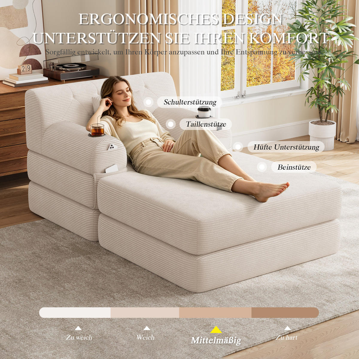 SCHLAFSOFA mit Hocker und Liegefunktion aus Cord mit Getränkehaltern und Seitentaschen in Beige - Beige, Textil (191/60/162cm) - EVRYAE
