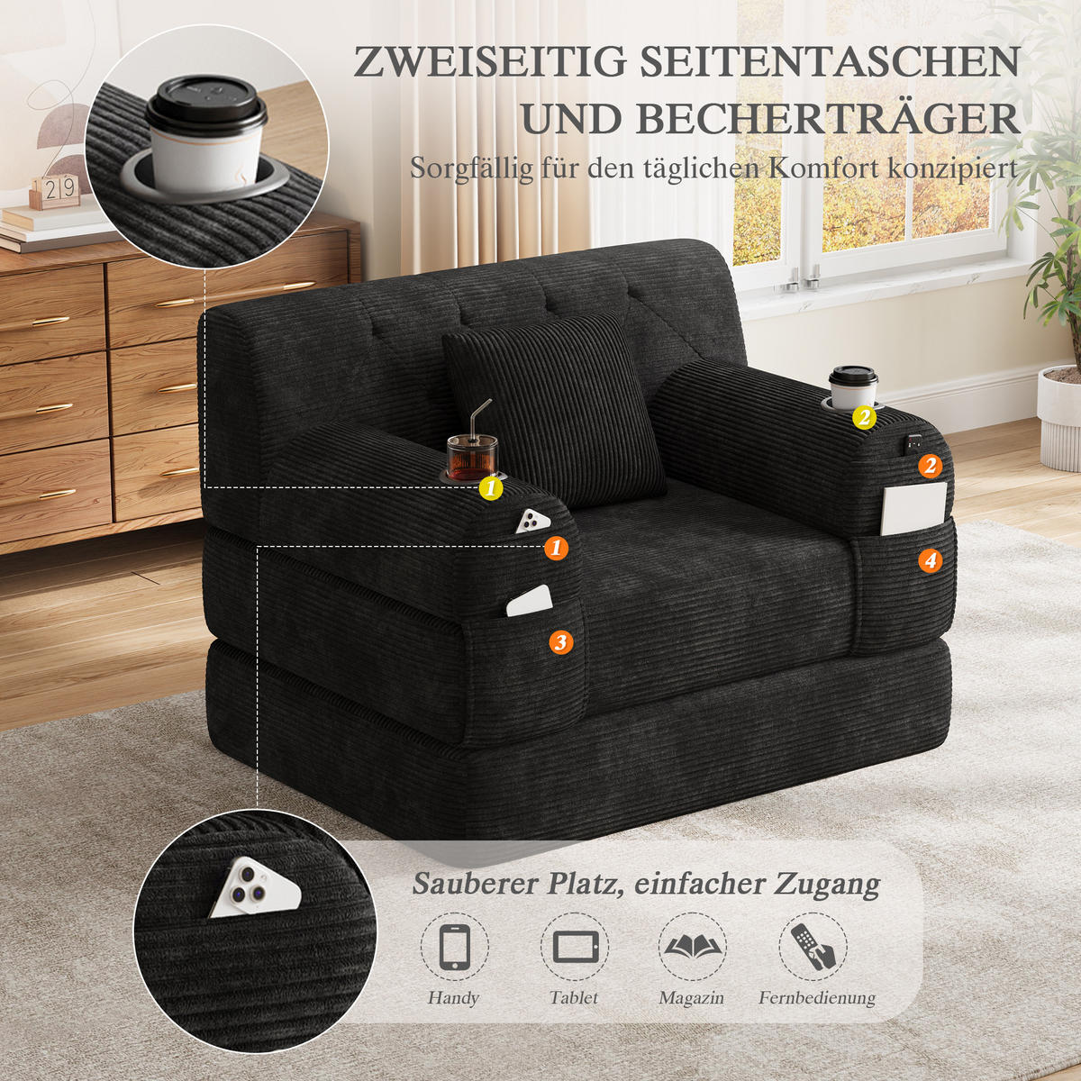SCHLAFSESSEL Cord komprimiert, DE-42543, Schwarz - Schwarz, Metall (107/81/80cm) - ComfortXL
