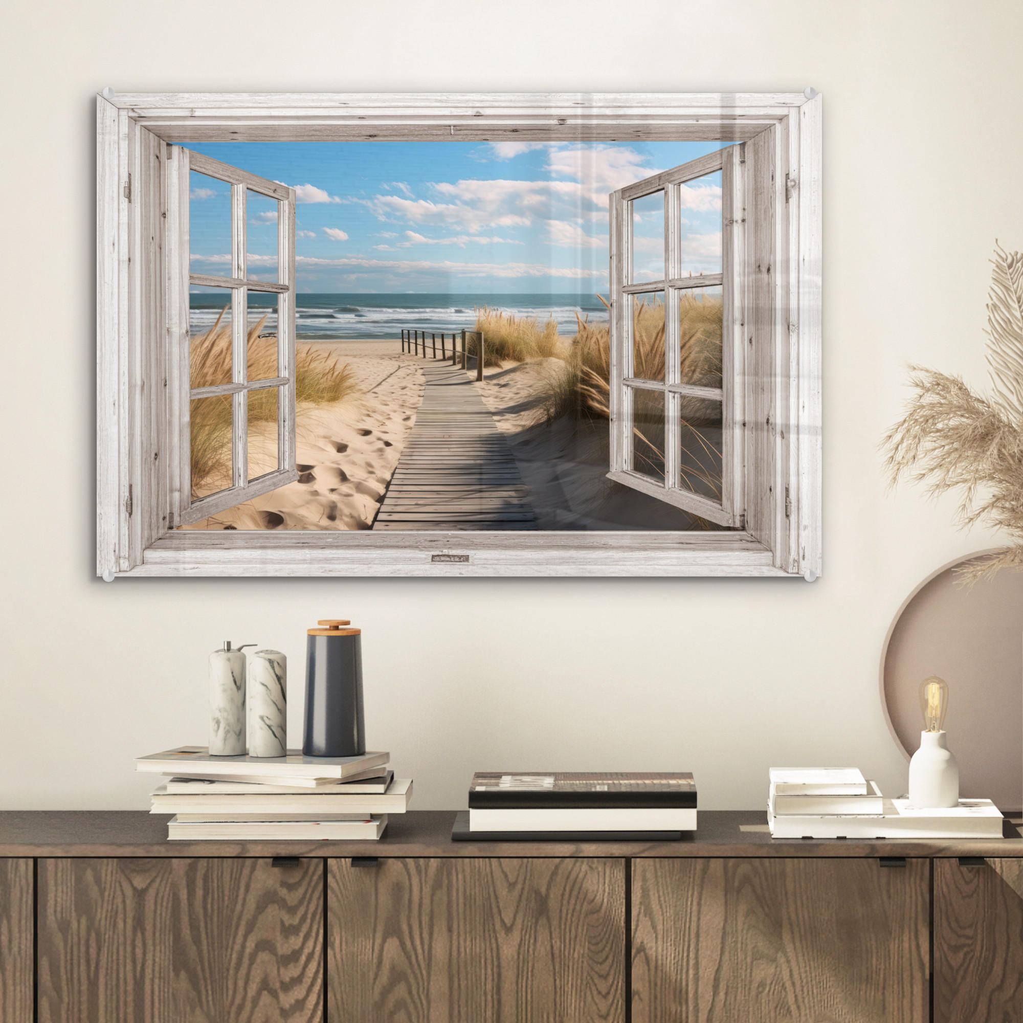 ACRYLGLASBILD Fenster - Meer - Küste - Natur - Ausblick - Strand - Wattenmeer 60x40 cm - Beige, Glas (60/40cm) - MuchoWow