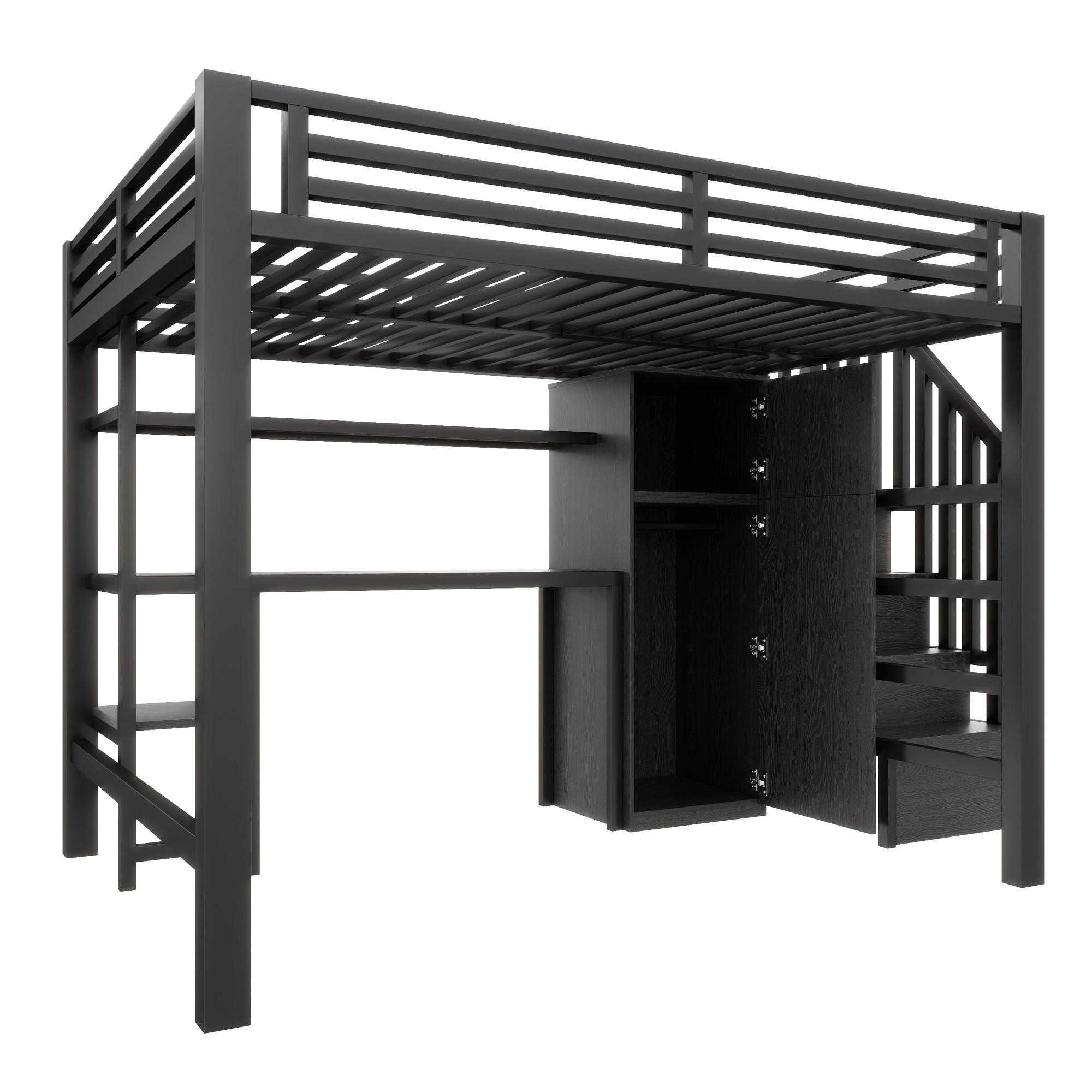 HOCHBETT 140/200 cm DE-03411, mit Schreibtisch, Regal, Kleiderschrank und Stauraumtreppe, in Schwarz - Schwarz, Holzwerkstoff/Metall (140/200cm) - ComfortXL