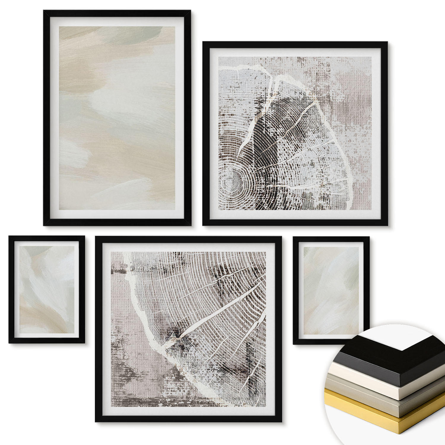 WANDBILDER 5er-Set - 50x50 cm & 20x30 cm & 40x60 cm Schwarzer Rahmen - Minimalismus der Farbstruktur - Schwarz, Kunststoff (40/60cm) - ArtPrintCave