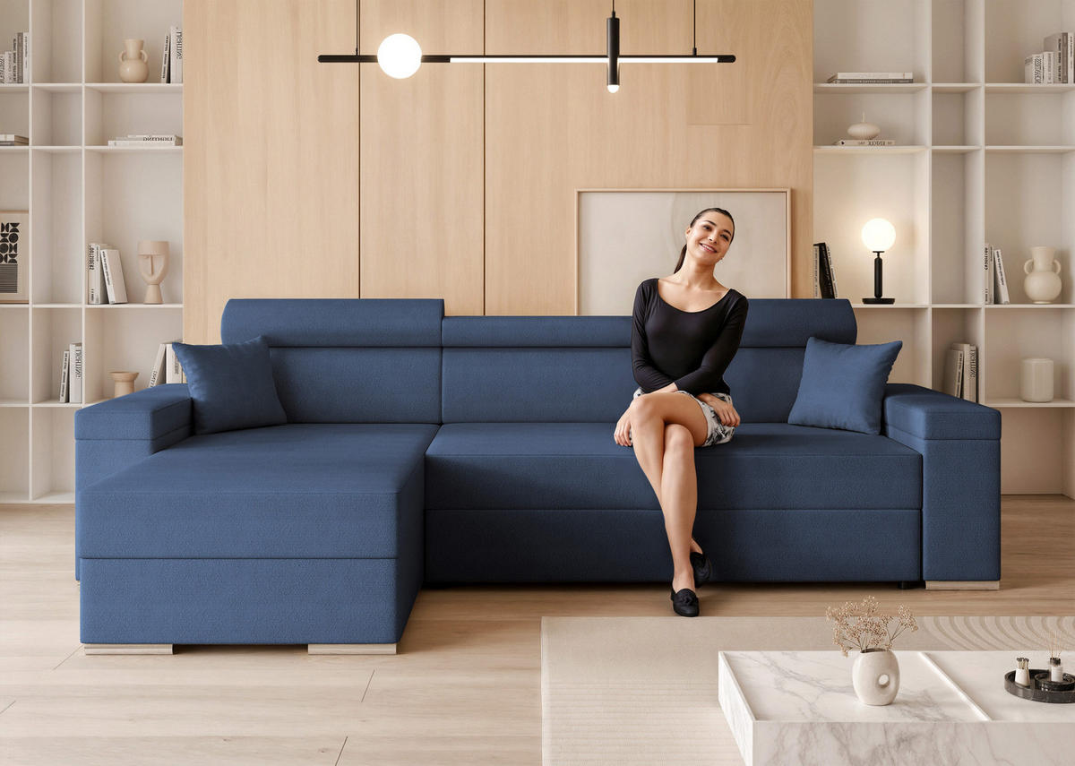 ECKSOFA AISHA mit Schlaffunktion und Bettkasten Marineblau - Dunkelblau, Holzwerkstoff/Kunststoff (250/90cm) - Idohome