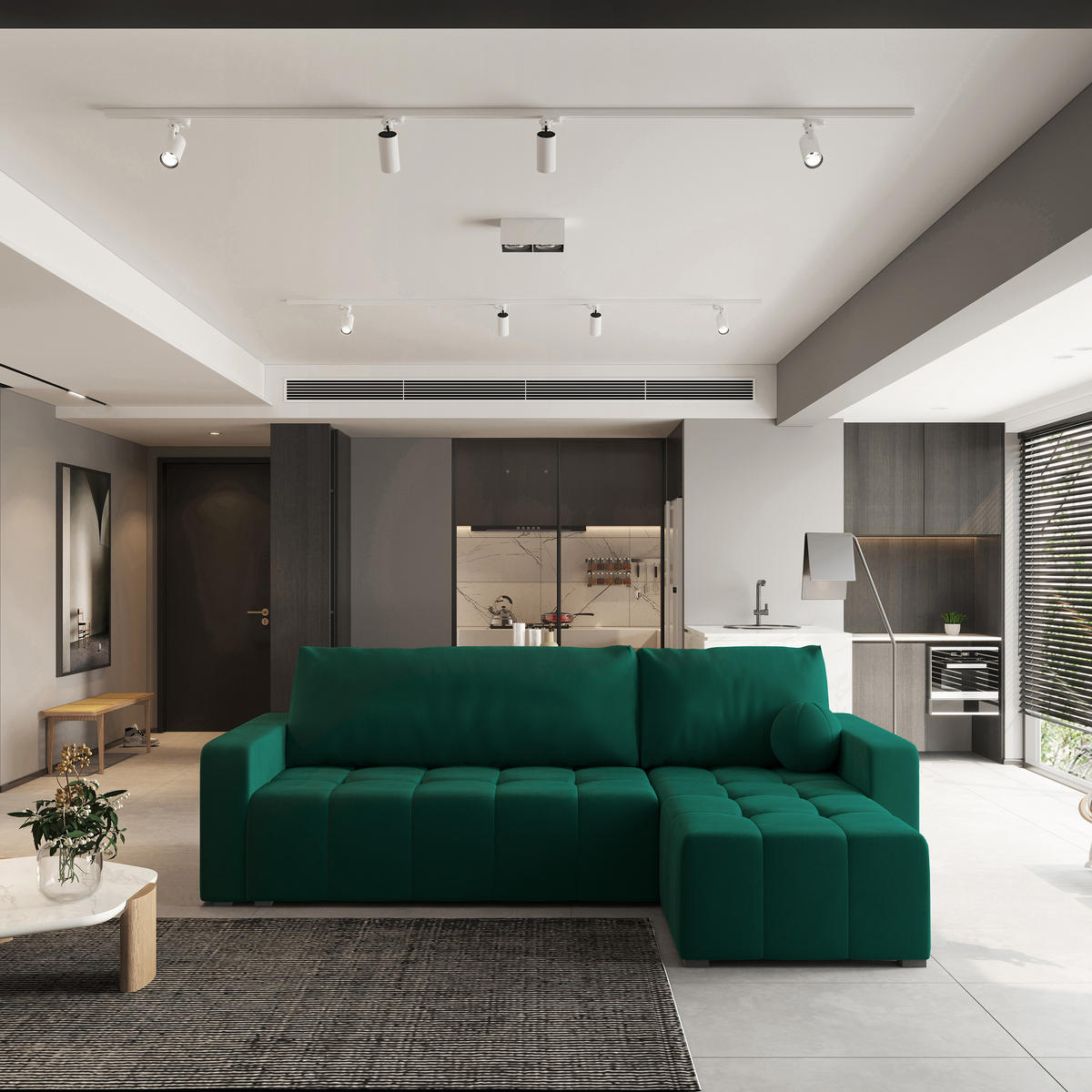 ECKSOFA VOLIRA Grün Plüsch-Stoff mit Schlaffunktion - Grün, Holz (230/143cm) - MASSENO