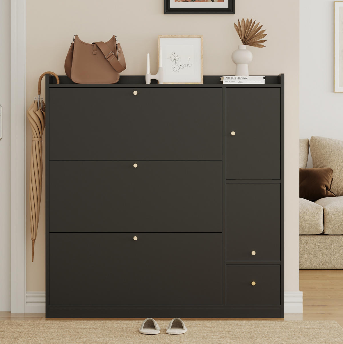 SCHUHSCHRANK 119/24/122 cm in Schwarz mit 3 Klappen und klappbarer Sitzbank - Schwarz, Holzwerkstoff (119/122/24cm) - Flora Grace