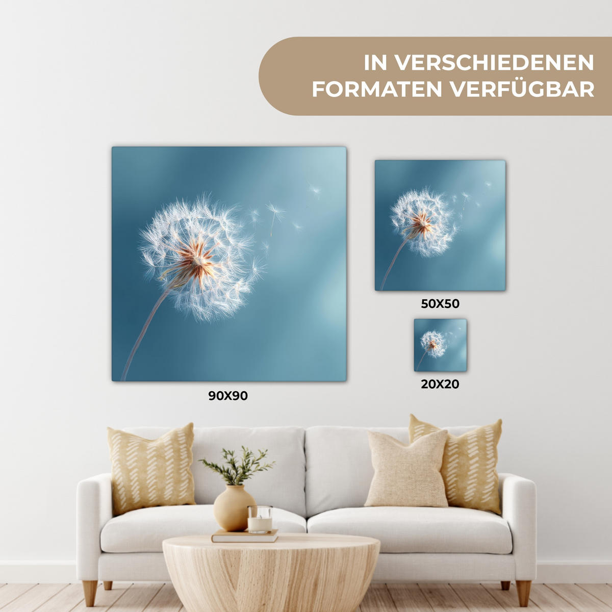 LEINWANDBILD Löwenzahn - Wind - Blau Deko Wohnzimmer 20x20 cm - Blaugrau, Textil (20/20cm) - MuchoWow