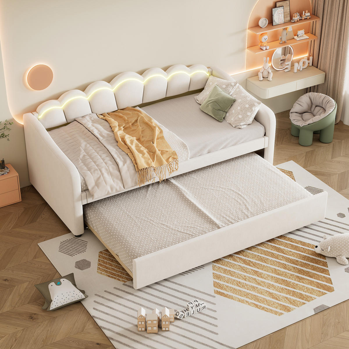 TAGESBETT 90/200 cm Beige mit ausziehbarem Bett und LED-Beleuchtung aus Samt - Beige, Textil (90/200cm) - OKWISH