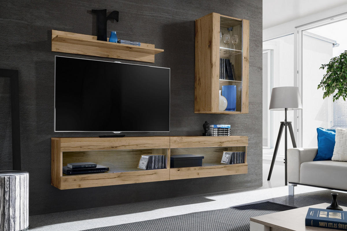 WOHNWAND 4-er Set, TIVOLI SET5 Wotan + Wotan, Offener Raum - Eiche Wotan/Schwarz, Glas/Holzwerkstoff (240/195/35cm) - Komodee