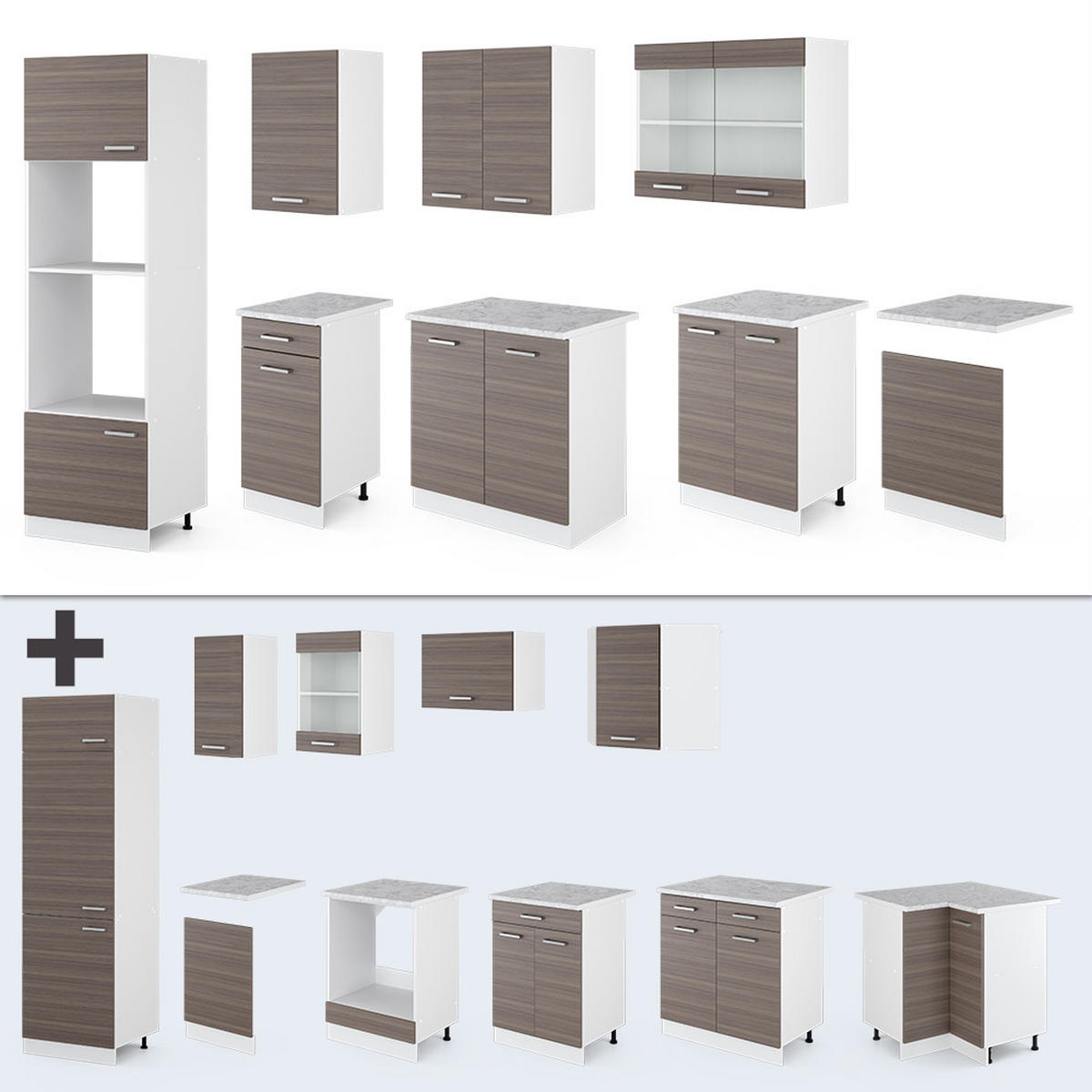 KÜCHENZEILE R-Line Edelgrau/Weiß 300 cm mit Hochschrank, AP Eiche - Braun/Weiß, Holzwerkstoff (300/81.6/60cm) - Vicco