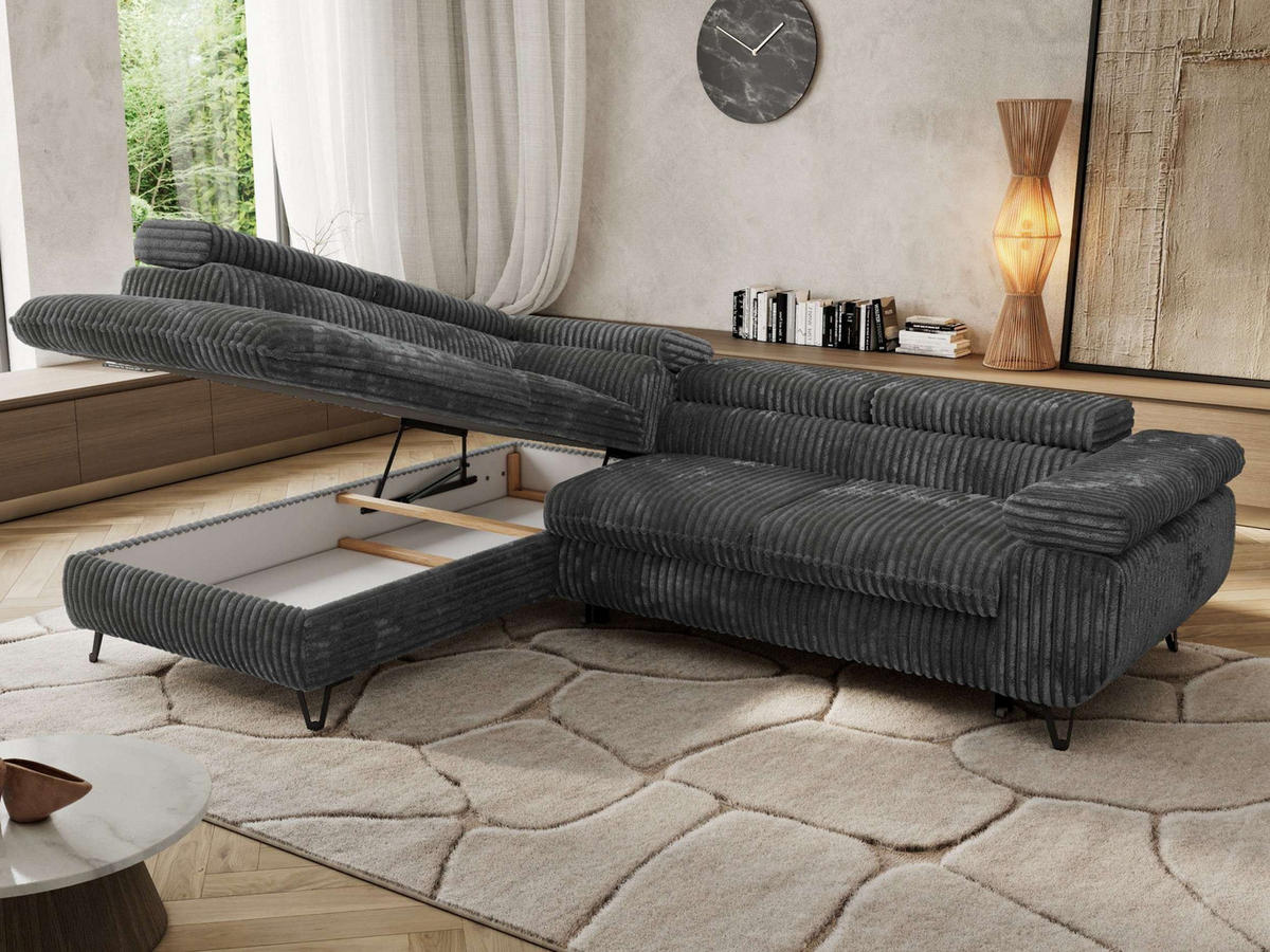 ECKSOFA PABLO L Dunkelgrau Cord - Links Seite mit Visco Topper - Dunkelgrau/Schwarz, Textil/Metall (208/273cm) - MKS