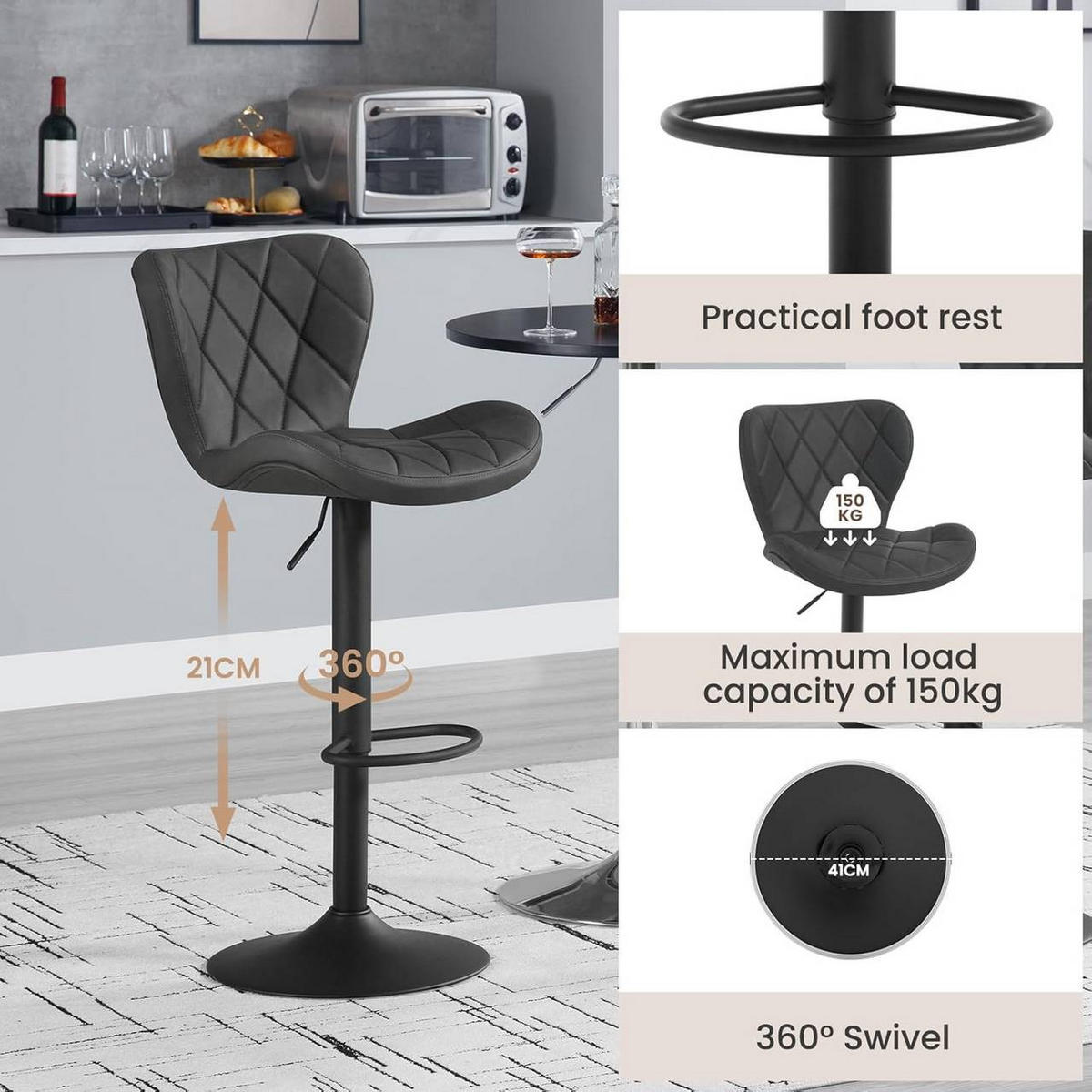 BARHOCKER 4er Set, Kunstleder, Metallgestell, Anthrazit - Anthrazit/Schwarz, Textil/Metall (47/89/54cm) - Woltu