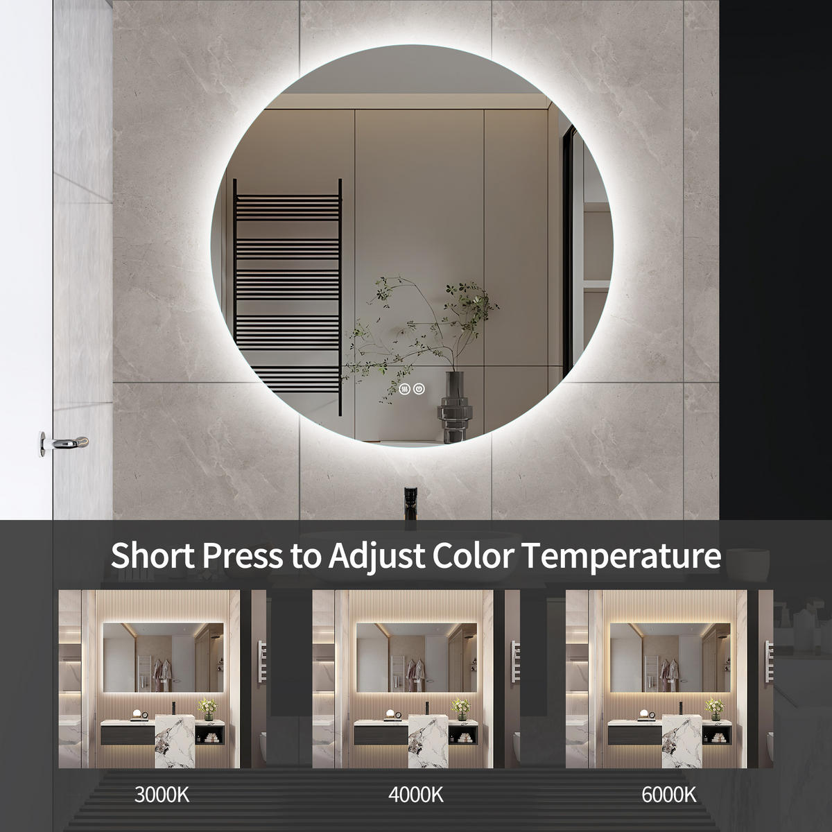 BADEZIMMERSPIEGEL mit LED, Rund 80 cm, Anti-Beschlag, 3 Anpassbare Helligkeit - Transparent, Glas (80/4/80cm)