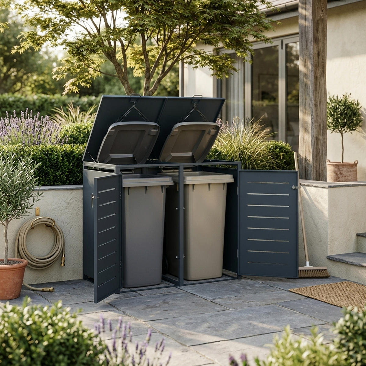MÜLLTONNENVERKLEIDUNG London - Mülltonnenbox für 2 - Stahl verzinkt, anthrazit - Grau, Metall (132/116/80cm) - TPFGarden
