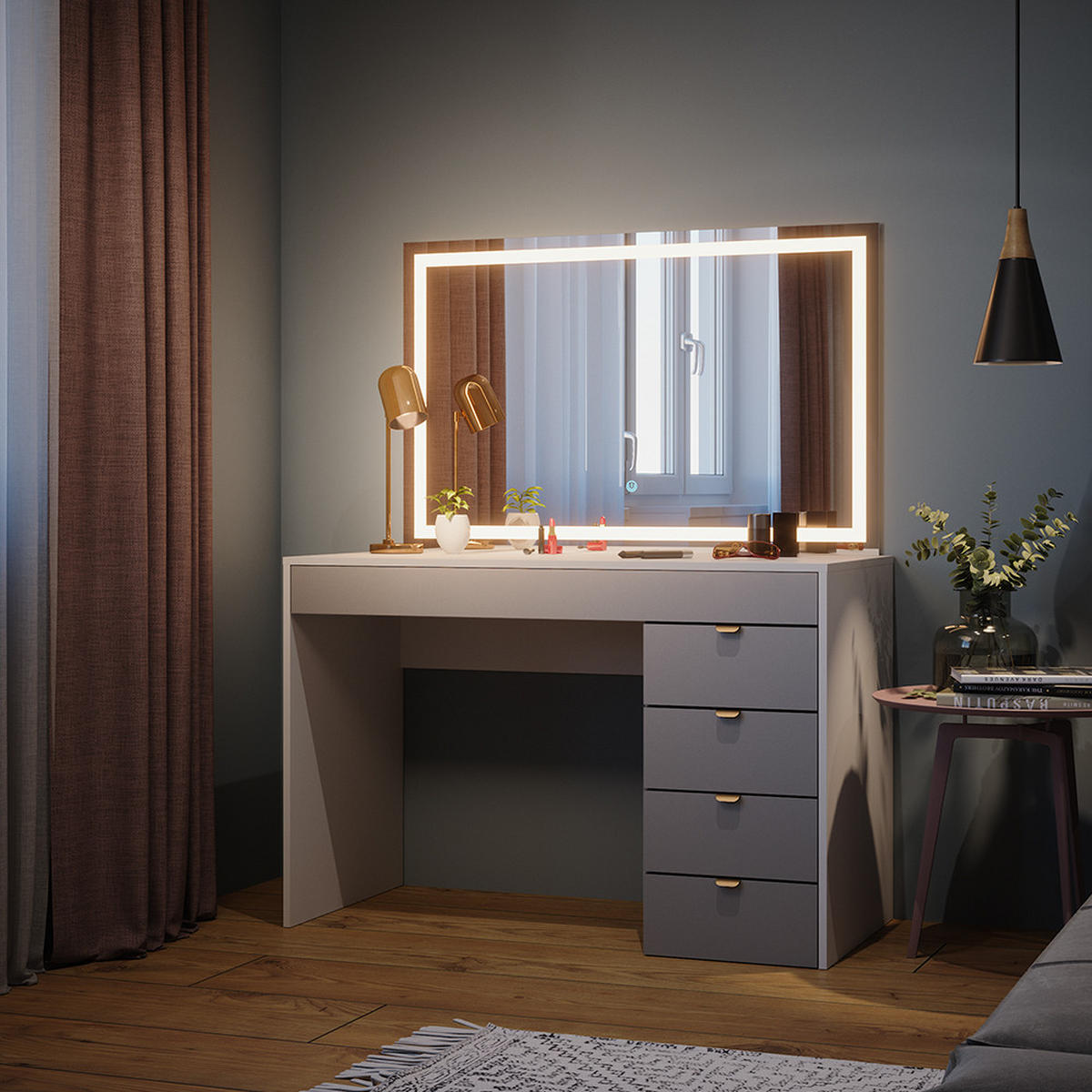 SCHMINKTISCH Elise Weiß/Grau/Grau 115 cm mit LED-Spiegel - Weiß/Grau, Holzwerkstoff (115/76/55cm) - Vicco