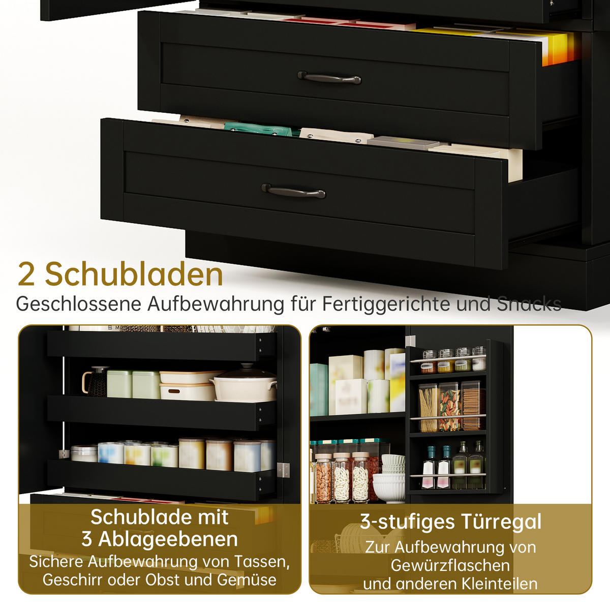 HIGHBOARD DE-38728 80/37,5/180 cm 3 Ausziehböden und 2 Schubladen Schwarz - Schwarz, Holzwerkstoff (80/180/37.5cm) - ComfortXL