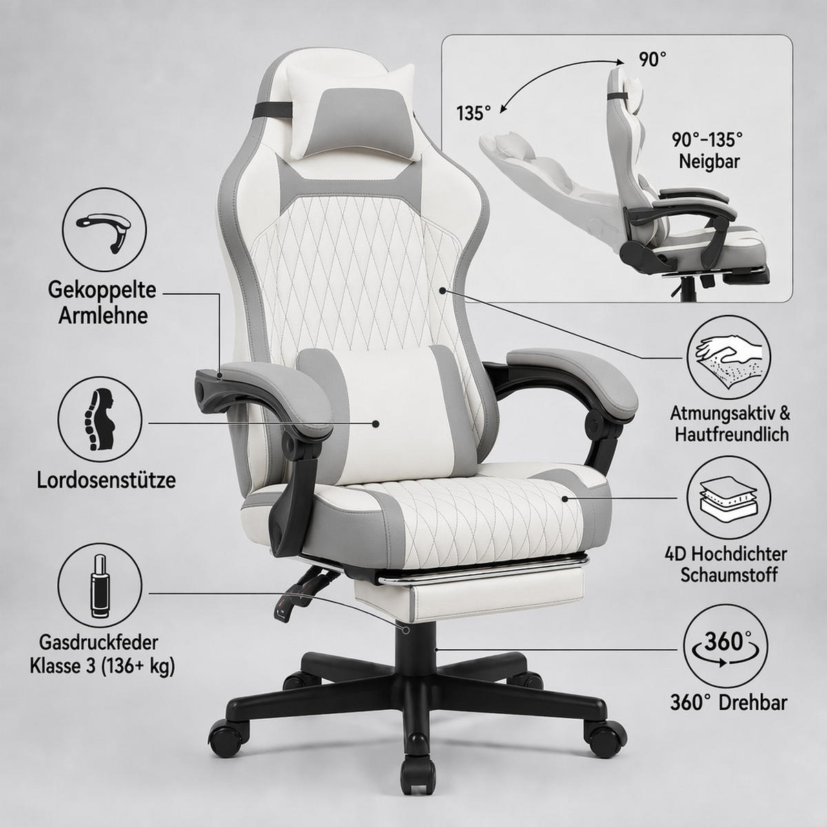 GAMING-STUHL weiß mit Rautensteppung, Fußstütze, Nacken- und Lendenkissen, höhenverstellbar - Weiß, Leder (54/124/62cm) - BRILVERDE