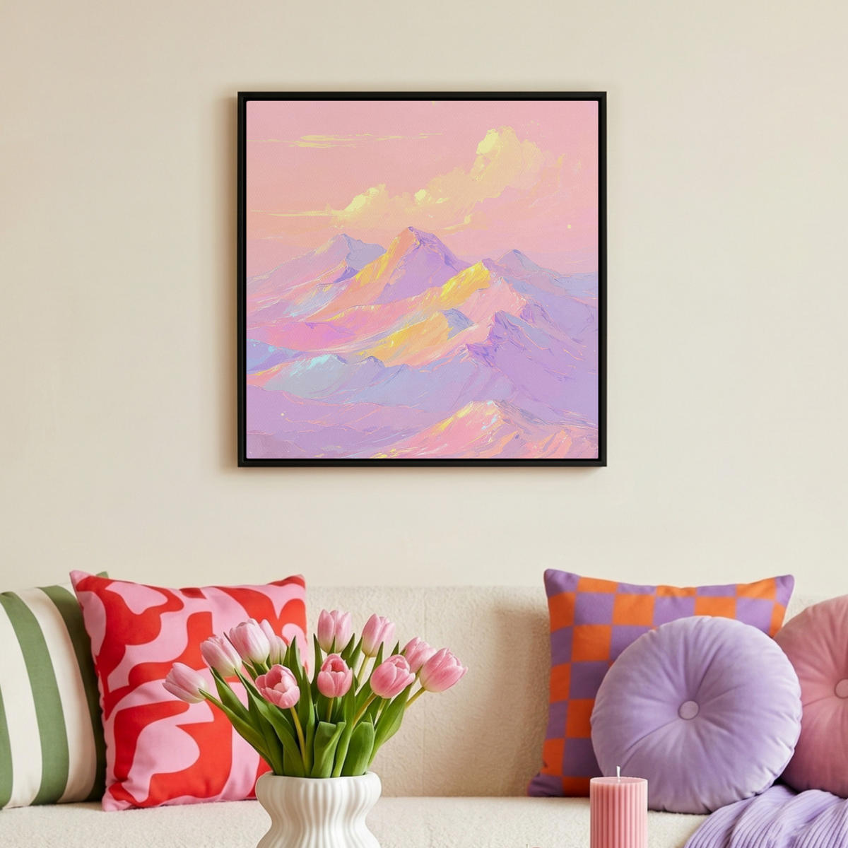 LEINWAND Bilder mit Rahmen - Berggipfel - Wolken - Verträumt - 50x50 - Hellrosa, Textil (50/50cm) - OnlyWow