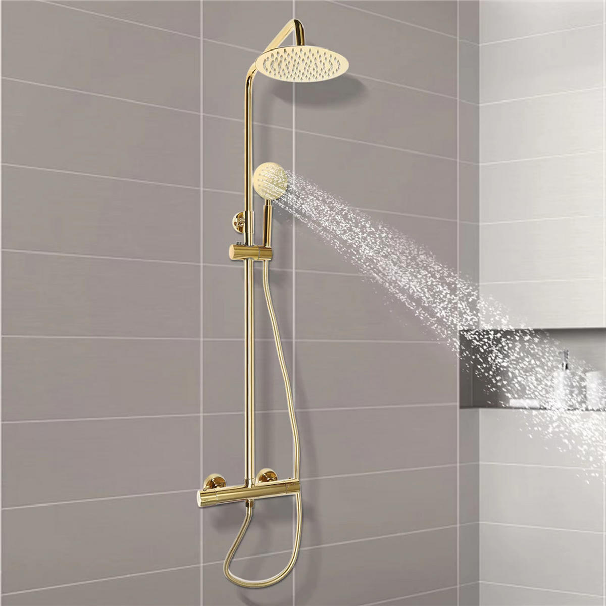 ÜBERKOPFBRAUSESET Thermostat Messing Handbrause Set - Goldfarben, Metall (20/110/35cm) - Kaket