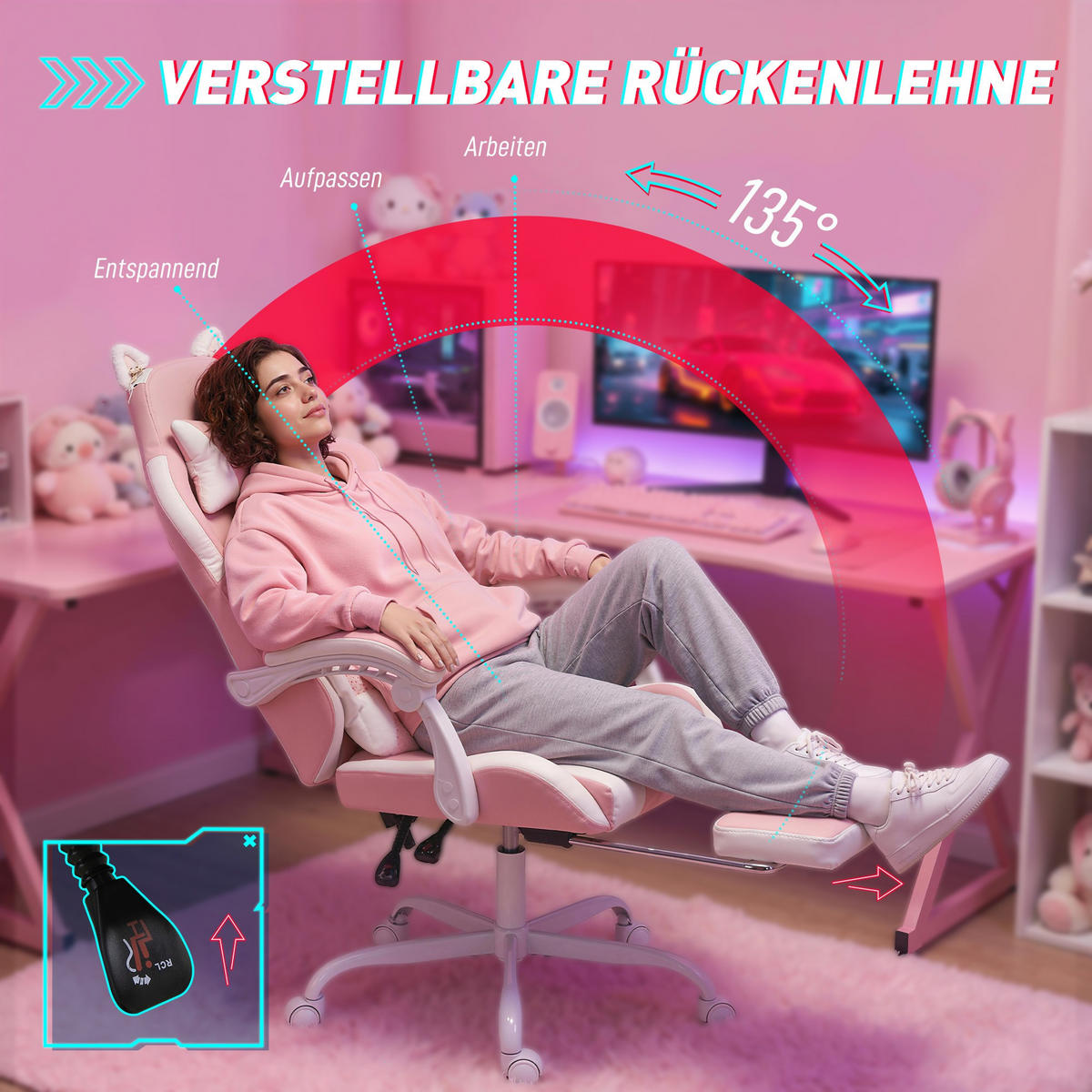 GAMING-STUHL Kunstleder Rosa - Rosa/Weiß, Kunststoff/Textil (53/128/63.5cm) - Vinsetto