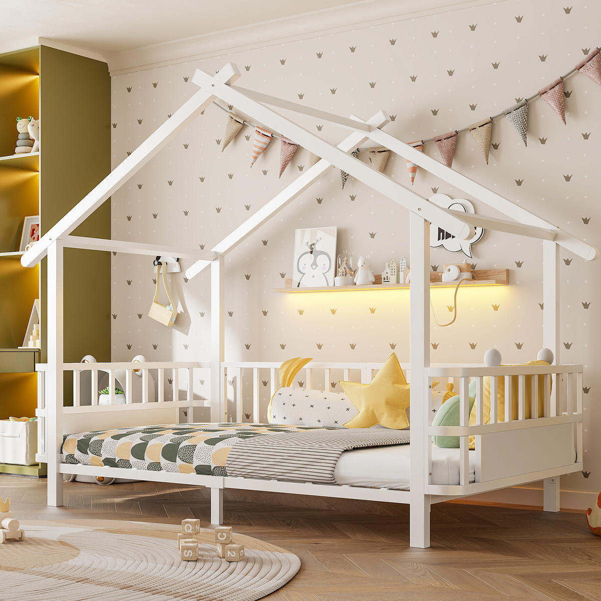KINDERBETT mit Dachdesign und Sicherheitsgitter Metall Weiß 90 x 200 cm - Weiß, Metall (90/200cm) - MIVRAY