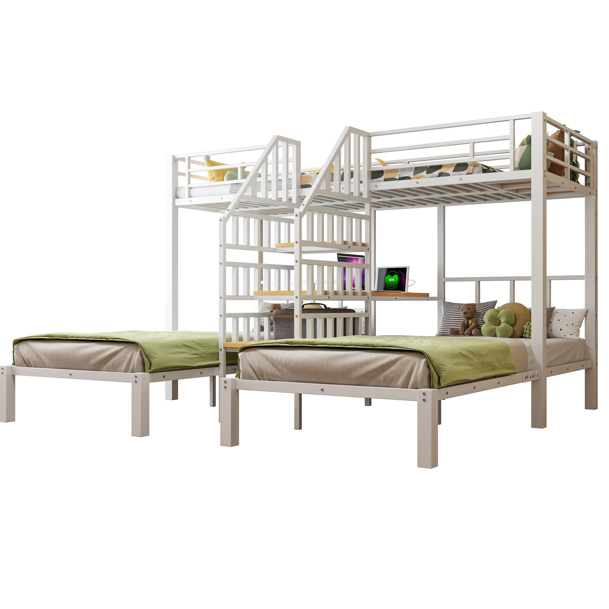 ETAGENBETT 90/200 cm mit 3 Schlafplätzen, LED, USB, Steckdose und Schreibtisch aus Metall/MDF, Weiß - Weiß, Metall (90/200cm) - Redom