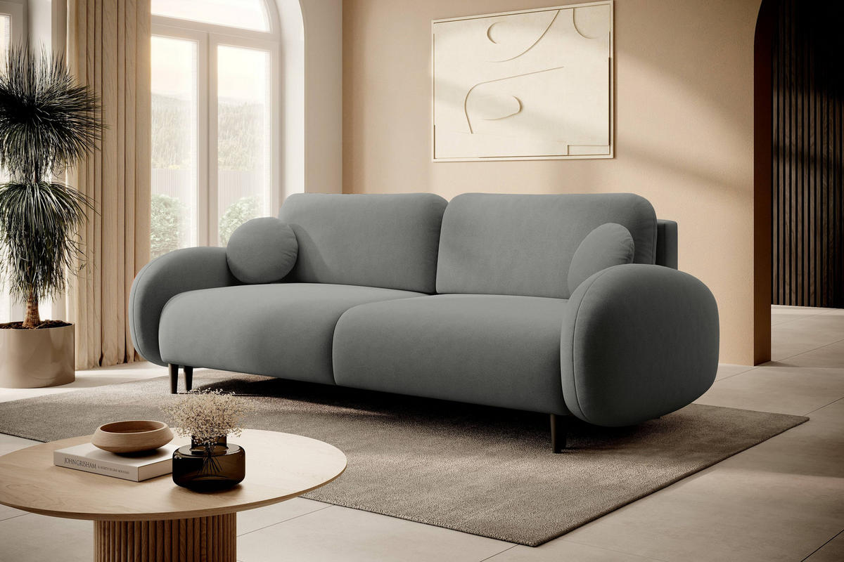 BETTSOFA AGIO Grau Plüsch-Stoff mit Schlaffunktion - Grau, Holz (232/95/109cm) - MASSENO