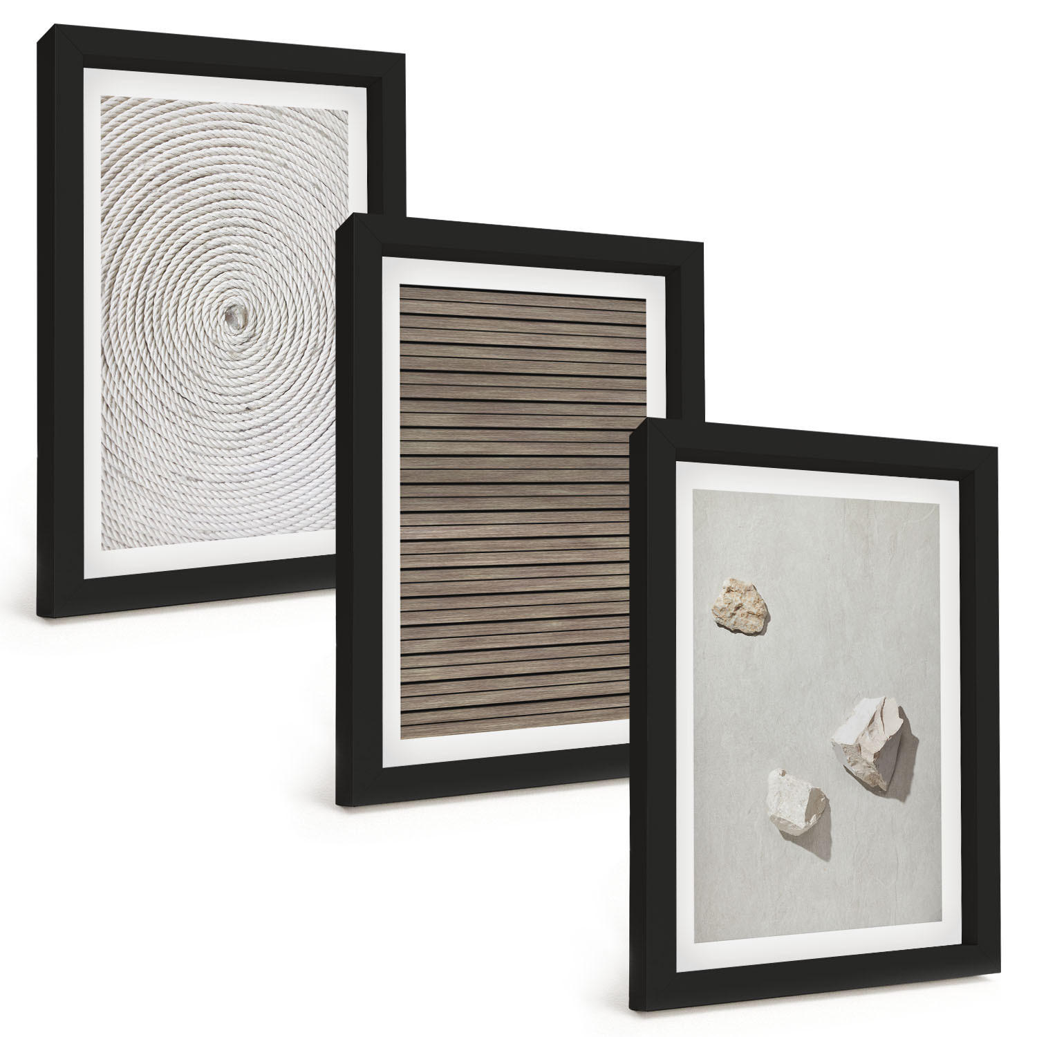 BILDER SET 3er Set - 20x30 cm Schwarzer Rahmen - Natürliche Texturen Holz Stein - Schwarz, Kunststoff (20/30cm) - TULUP